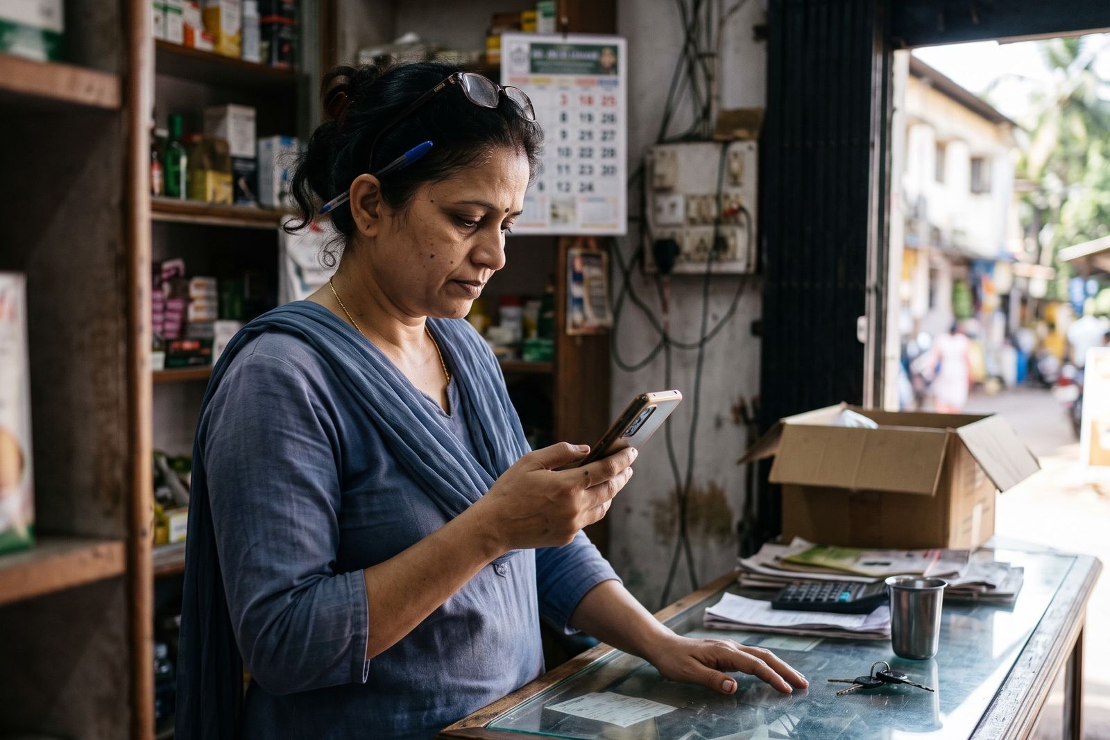 A shop owner in her forties behind the counter of her shop in Goa, reading her phone