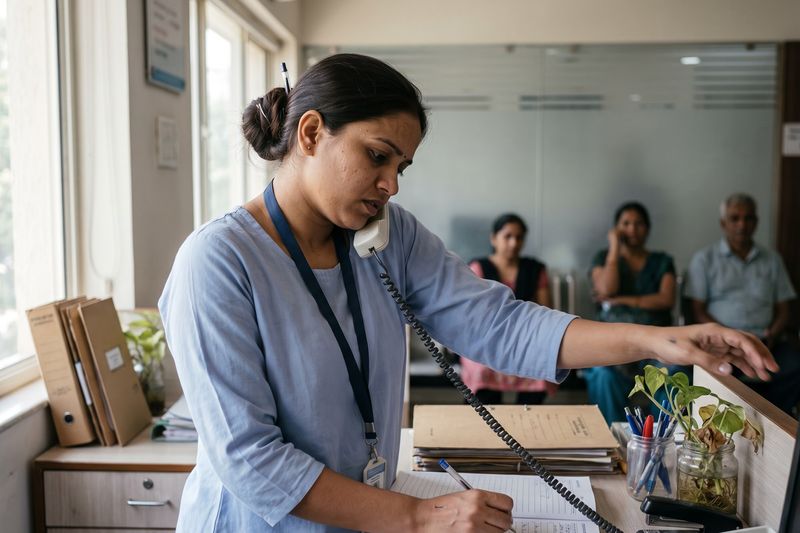 A clinic receptionist on the desk phone, writing in the appointment book, patients waiting behind her
