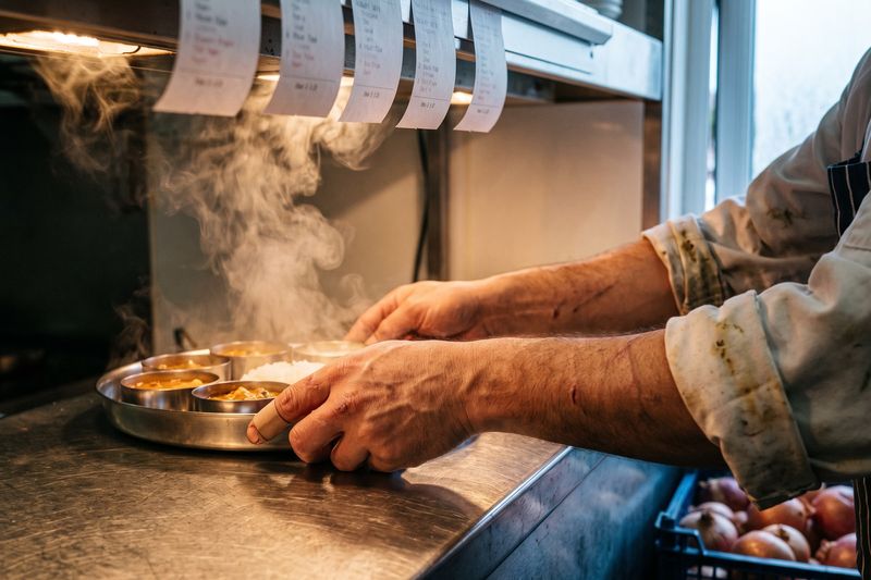 A cook setting a steel thali down on the pass, steam rising from it