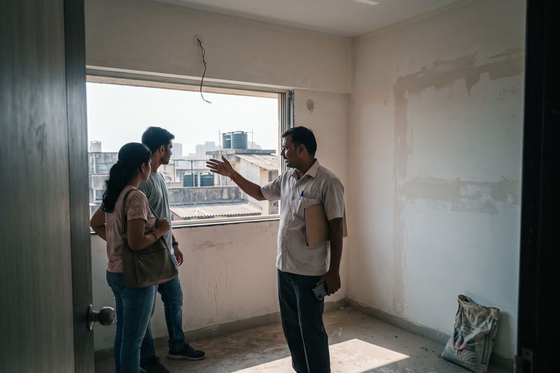 A property agent showing an empty flat to a young couple, pointing out of the window at the rooftops