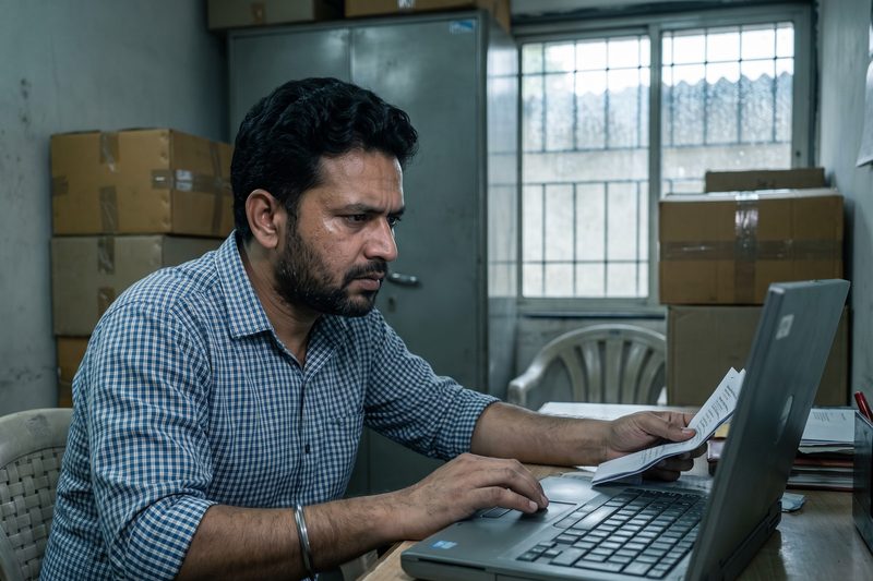 A man in a storeroom preparing an offer on a laptop, monsoon rain on the window